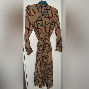 Ralph Lauren Beige Long-Sleeve Chain Print Shirt Dress